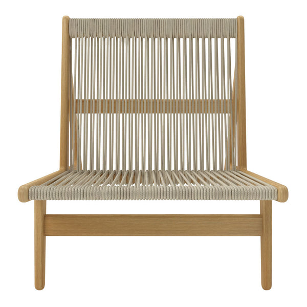 Natural wood chair with a tan woven seat and backrest featuring vertical striped patterns. Minimalist design.