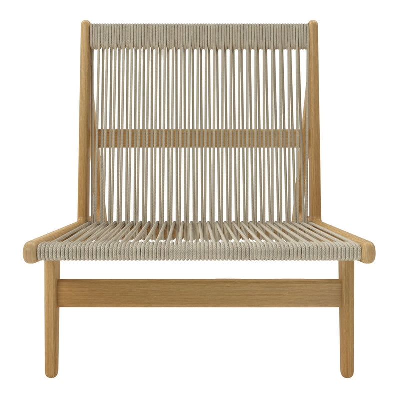 Natural wood chair with a tan woven seat and backrest featuring vertical striped patterns. Minimalist design.
