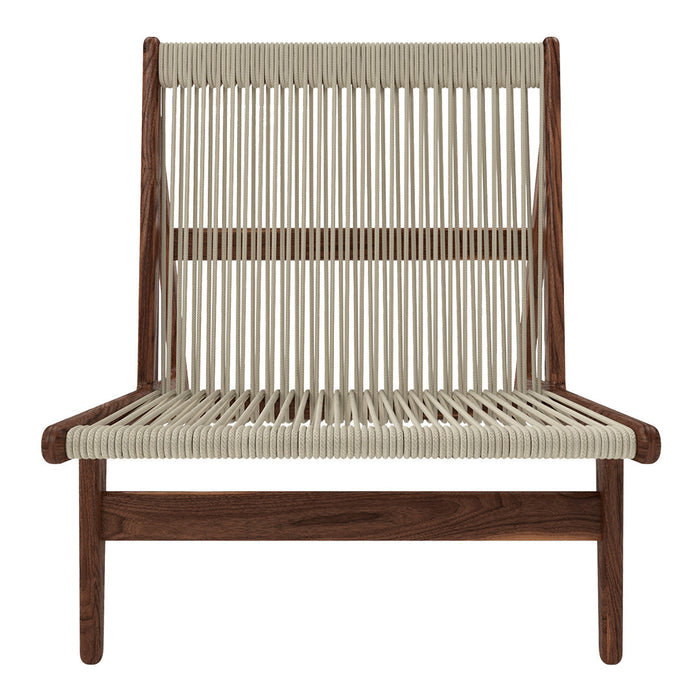 Neutral beige rope pattern with a rich brown wooden frame, creating a modern and minimalist seating design.