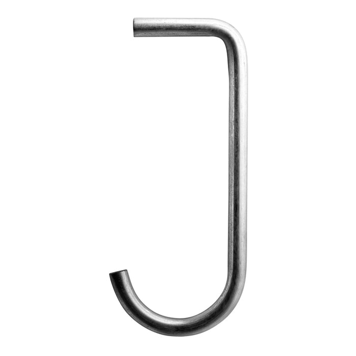 Silver metal J-hook with a smooth finish and curved design for versatile hanging solutions.
