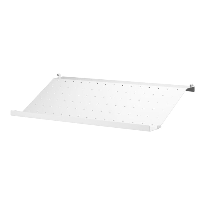 White pegboard shelf with a smooth surface and evenly spaced holes for versatile organization and display.