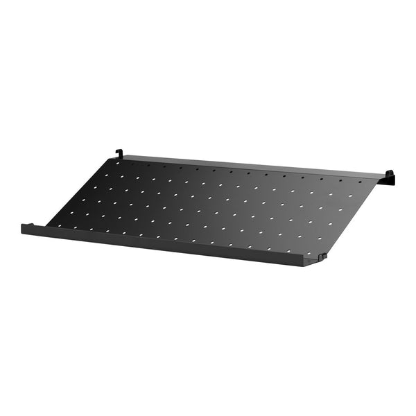 Black pegboard shelf with evenly spaced holes, featuring a sleek, matte finish for modern decor.