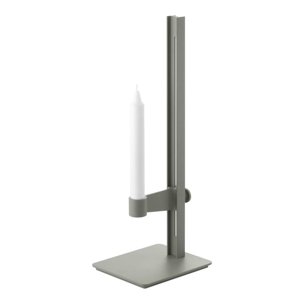 Gray metal candle holder with a sleek design, featuring a white candle for modern decor.