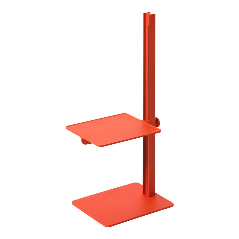Bright orange metal stand with a sleek design and two flat shelves, perfect for modern decor.