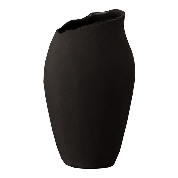 Sleek black ceramic vase with an organic shape and textured matte finish, perfect for modern decor.