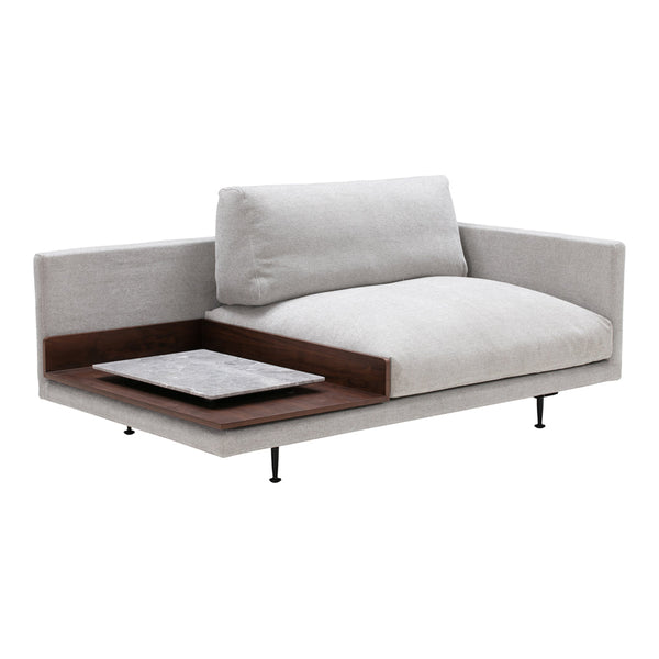 Light gray sofa with a modern minimalist design and a walnut side table accent. Soft, plush cushions and sleek lines.