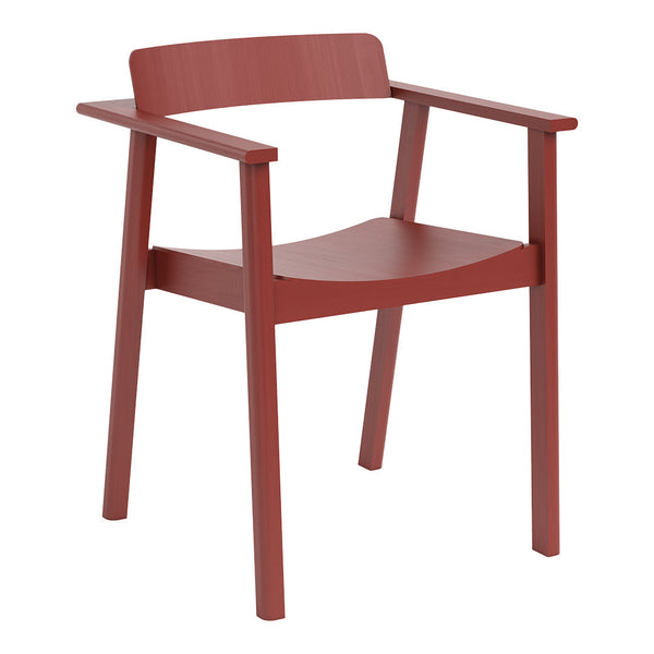 Rust-red wooden chair with a minimalist design and smooth, solid pattern, perfect for modern decor.