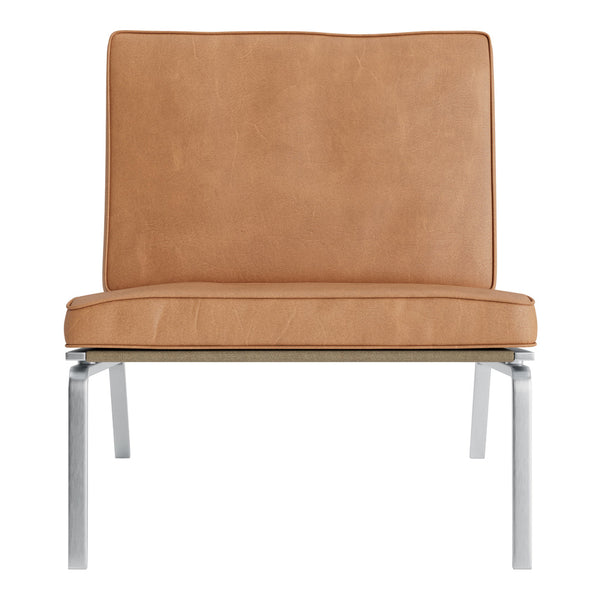 Tan leather chair with a smooth, sleek surface and minimalist metal frame, offering a modern aesthetic.