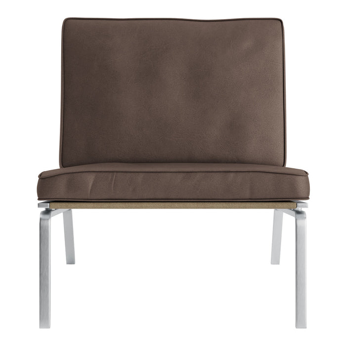 Brown upholstered chair with a smooth finish and minimalist silver legs. Simple design ideal for modern decor.