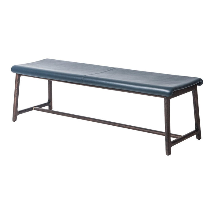 Navy blue bench with a smooth, padded surface and a sleek black metal frame, perfect for modern decor.