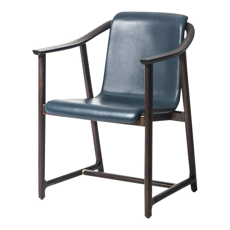 Navy blue leather chair with a sleek wooden frame, featuring minimalist design and clean lines.