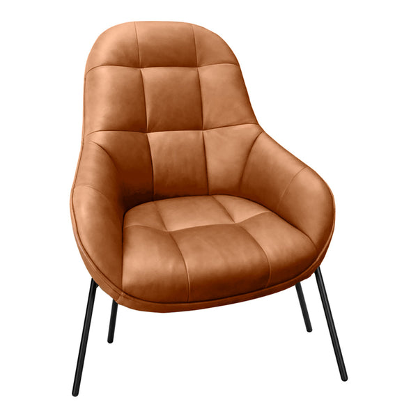 Tan faux leather chair with a quilted pattern and sleek black metal legs. Ideal for modern home decor.