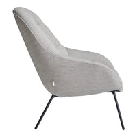 Gray upholstered chair with a sleek, modern design and subtle textural pattern on a minimalist black metal frame.