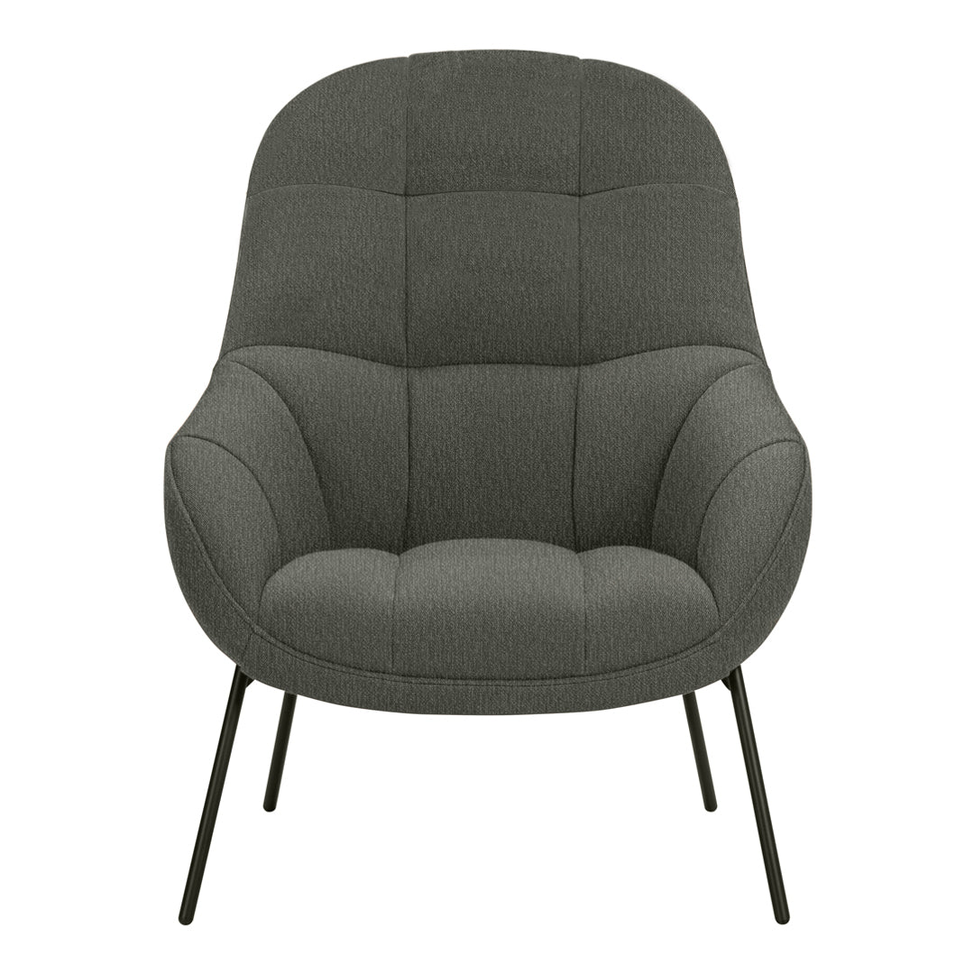 Gray upholstered lounge chair with a modern design, featuring subtle tufted patterns and sleek black legs.