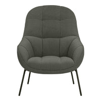 Gray upholstered lounge chair with a modern design, featuring subtle tufted patterns and sleek black legs.