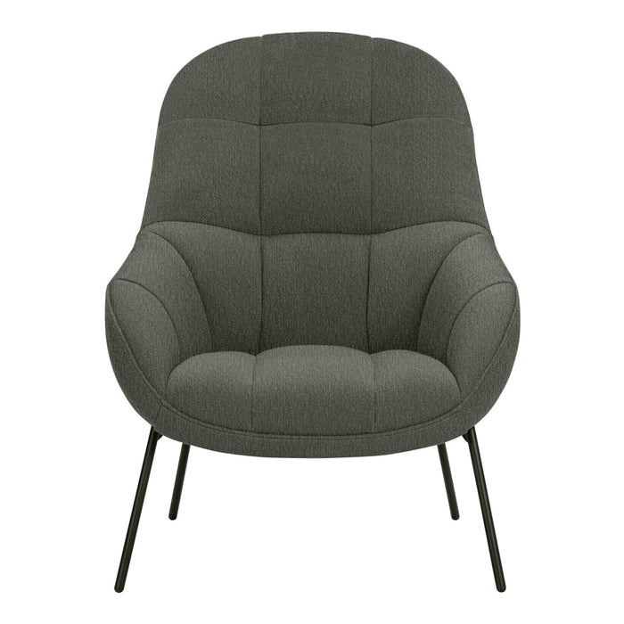 Gray upholstered lounge chair with a modern design, featuring subtle tufted patterns and sleek black legs.