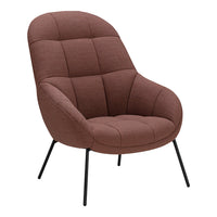 Brown fabric accent chair with quilted pattern and black metal legs. Ideal for modern and cozy interiors.