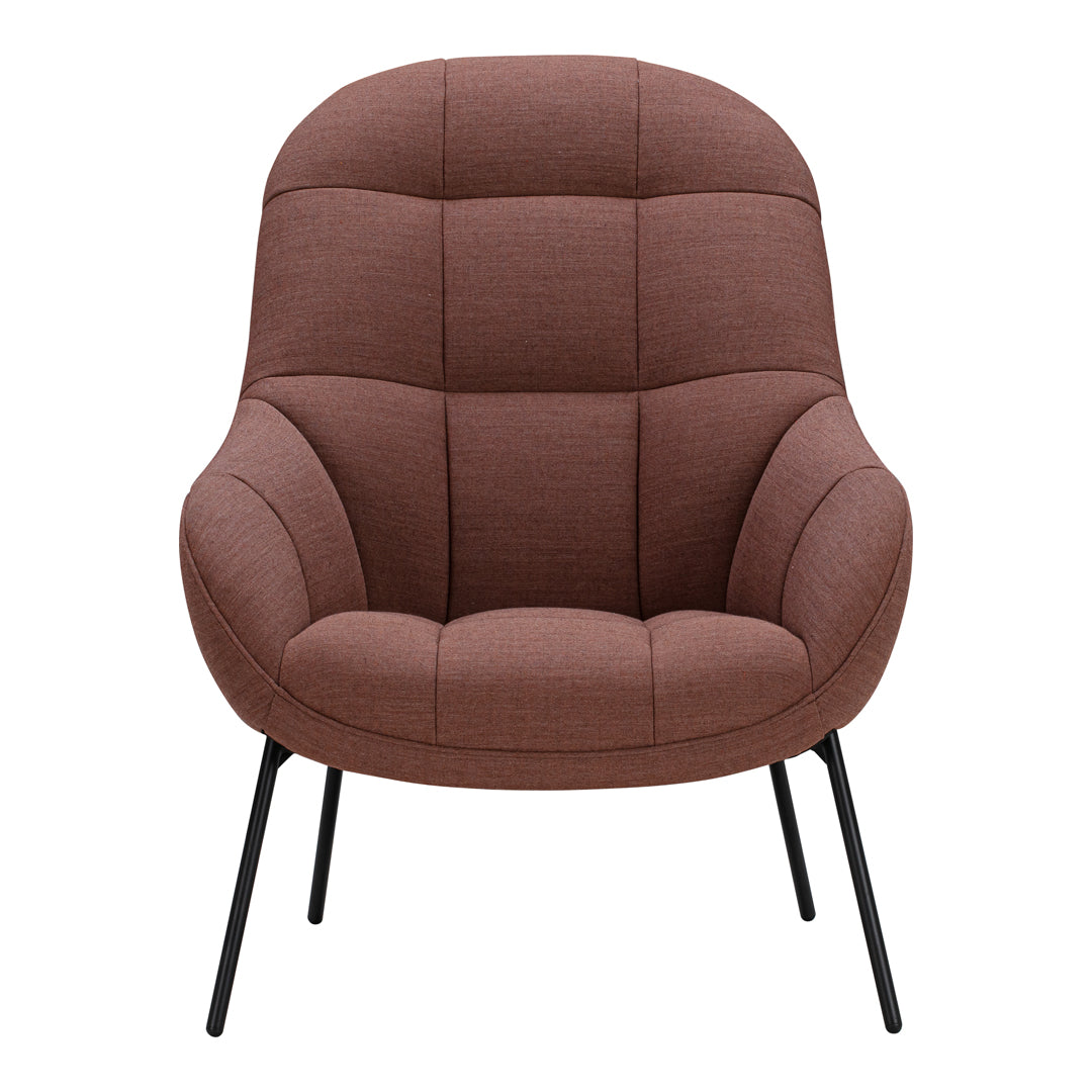 Textured brown fabric armchair with stitched detailing and sleek black metal legs. Modern and stylish design.