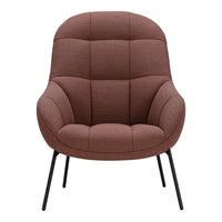 Textured brown fabric armchair with stitched detailing and sleek black metal legs. Modern and stylish design.