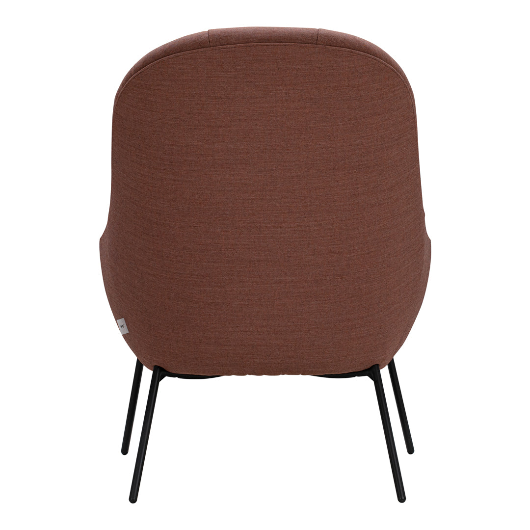 Brown textured fabric chair with black metal legs, showcasing a minimalist design. Perfect for modern interiors.