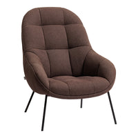 Brown upholstered chair with a modern, curved design and tufted pattern, featuring black metal legs.