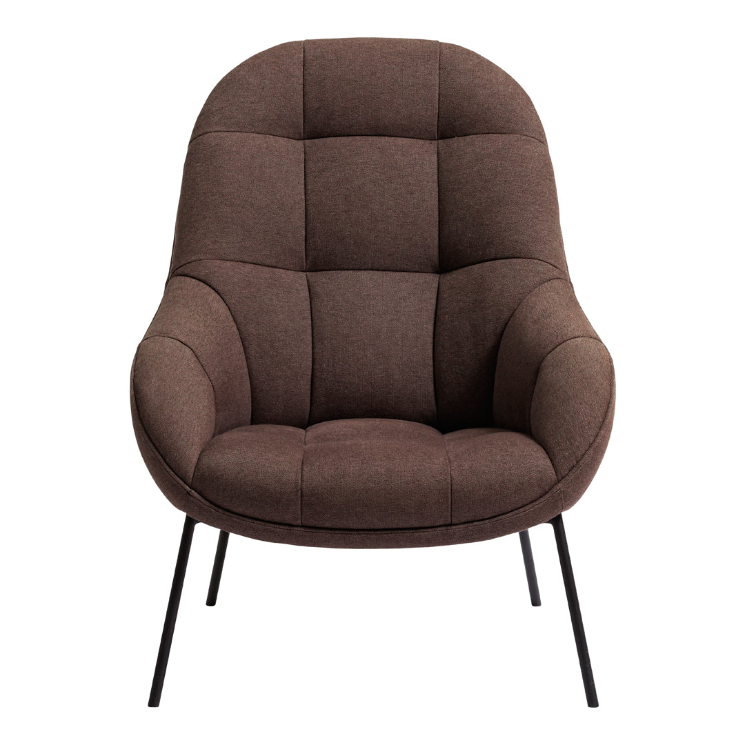Brown upholstered chair with a quilted design and sleek black metal legs. Modern and stylish for any decor.