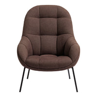 Brown upholstered chair with a quilted design and sleek black metal legs. Modern and stylish for any decor.