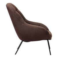 Side view of a dark brown upholstered chair with smooth curves and a textured fabric finish.