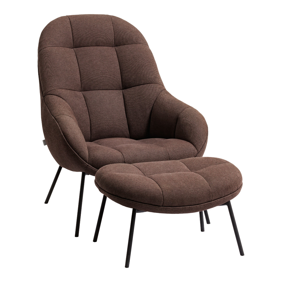 Brown upholstered chair with a tufted pattern and matching ottoman, featuring sleek black legs.
