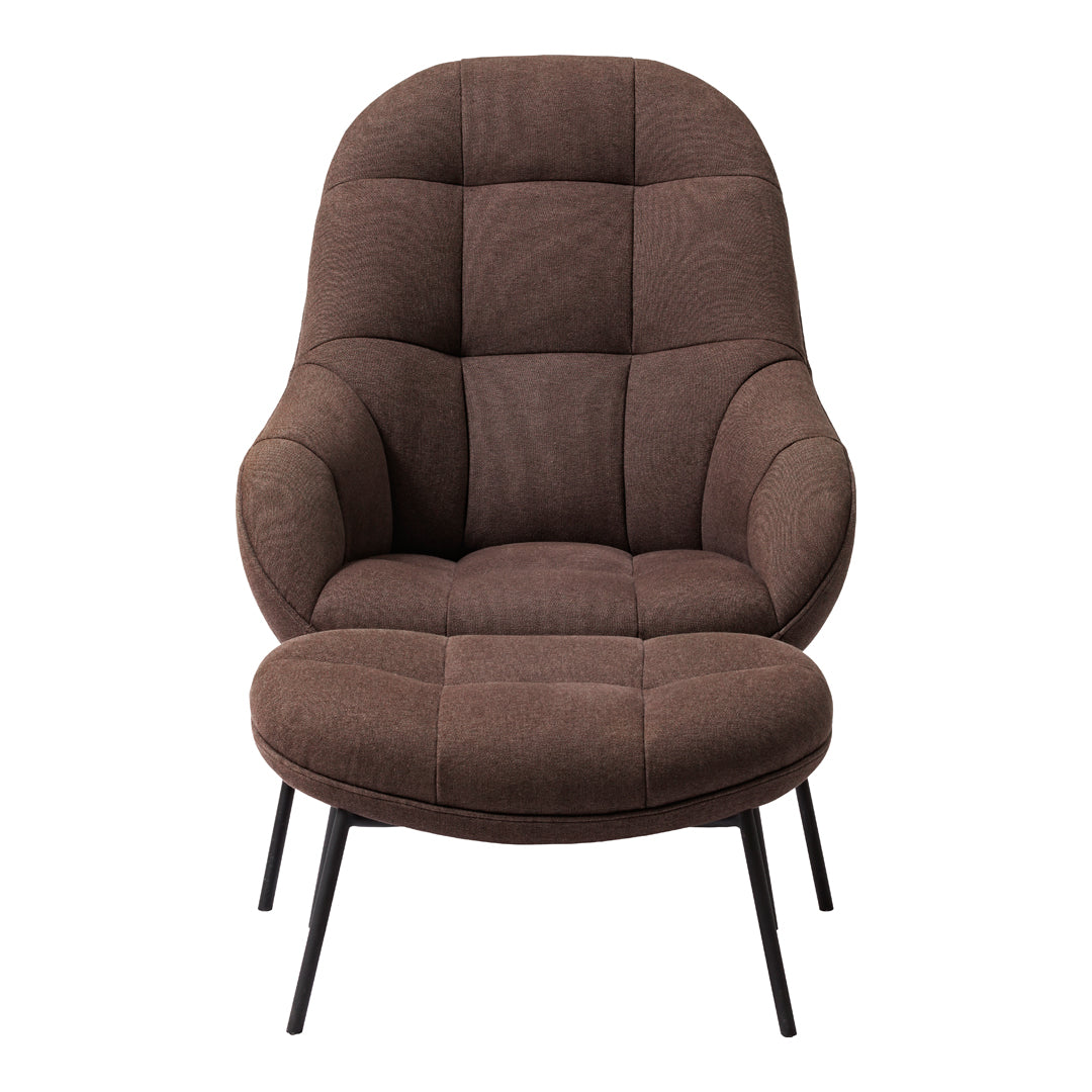 Brown padded armchair with a tufted design, featuring sleek black metal legs for a modern look.