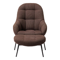 Brown padded armchair with a tufted design, featuring sleek black metal legs for a modern look.