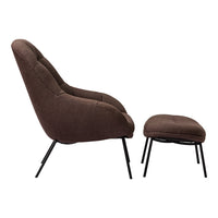Brown upholstered chair and ottoman with sleek black metal legs, featuring a smooth, modern design.