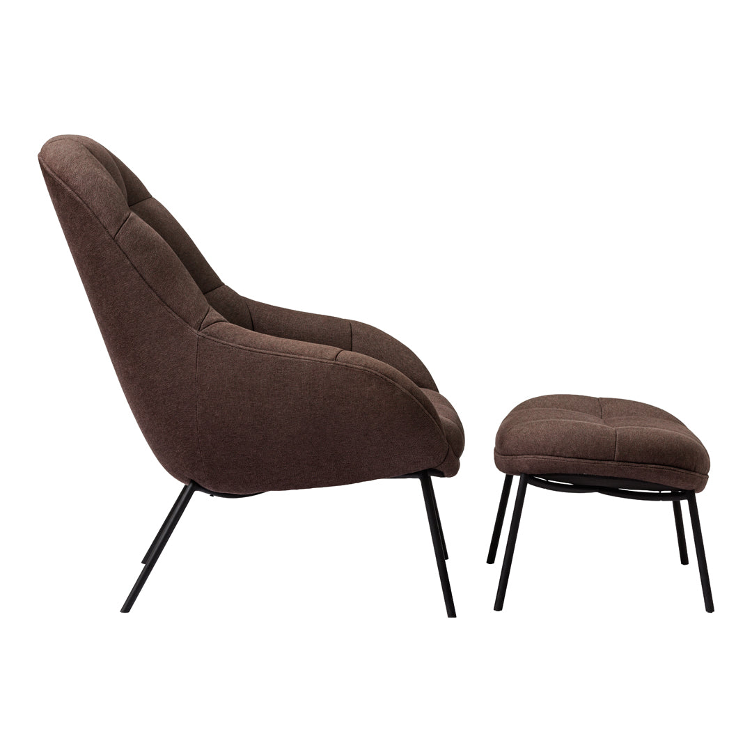 Brown upholstered chair and ottoman with sleek black metal legs, featuring a smooth, modern design.