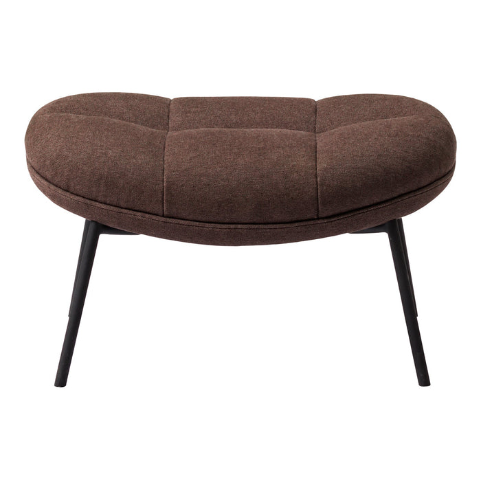 Brown upholstered ottoman with a rounded shape and tufted design, featuring black metal legs. Ideal for modern decor.