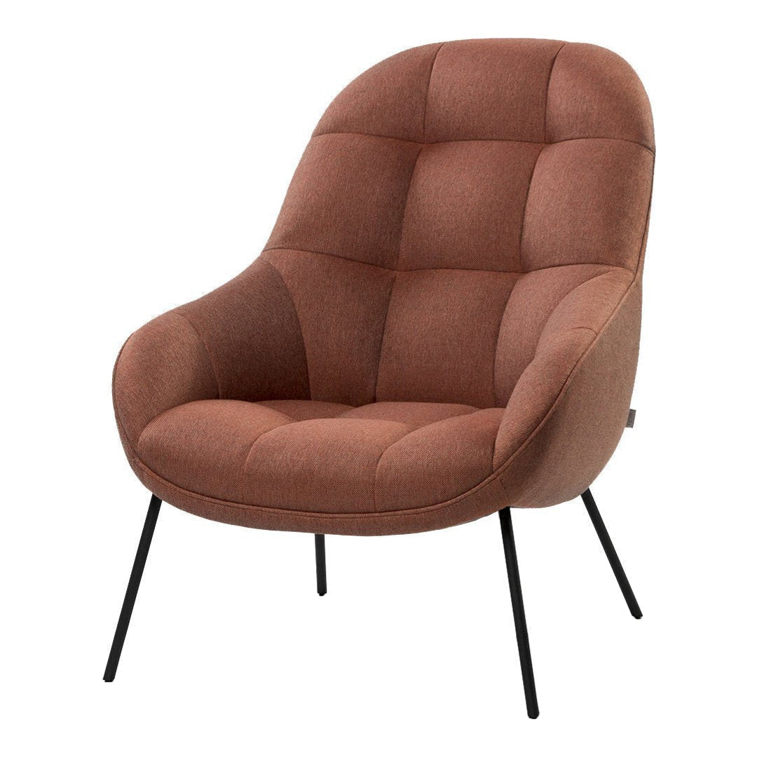 Cozy brown tufted chair with soft upholstery and sleek black metal legs, perfect for modern decor.
