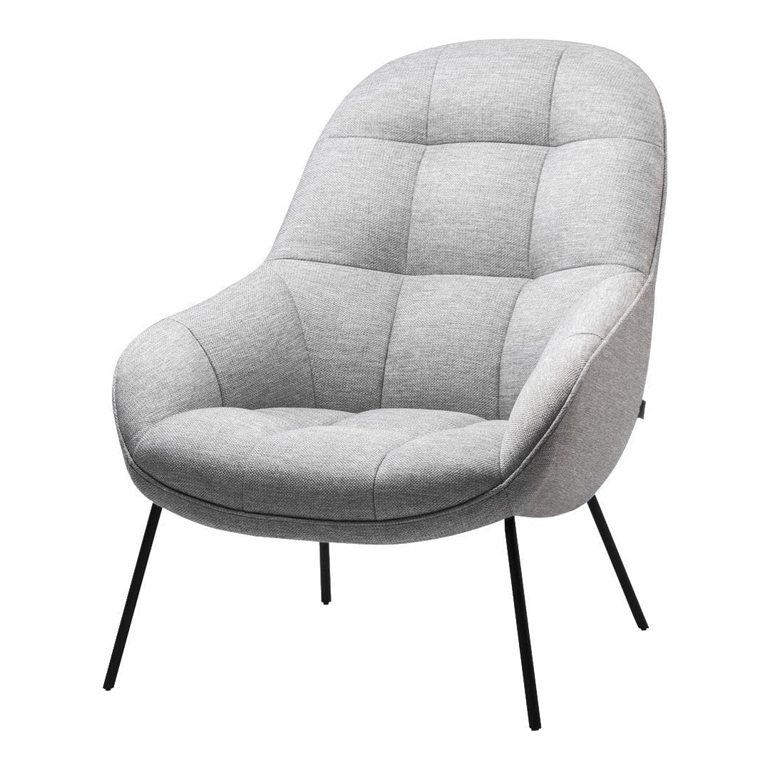 Gray tufted armchair with a smooth, modern design and black metal legs, perfect for contemporary decor.