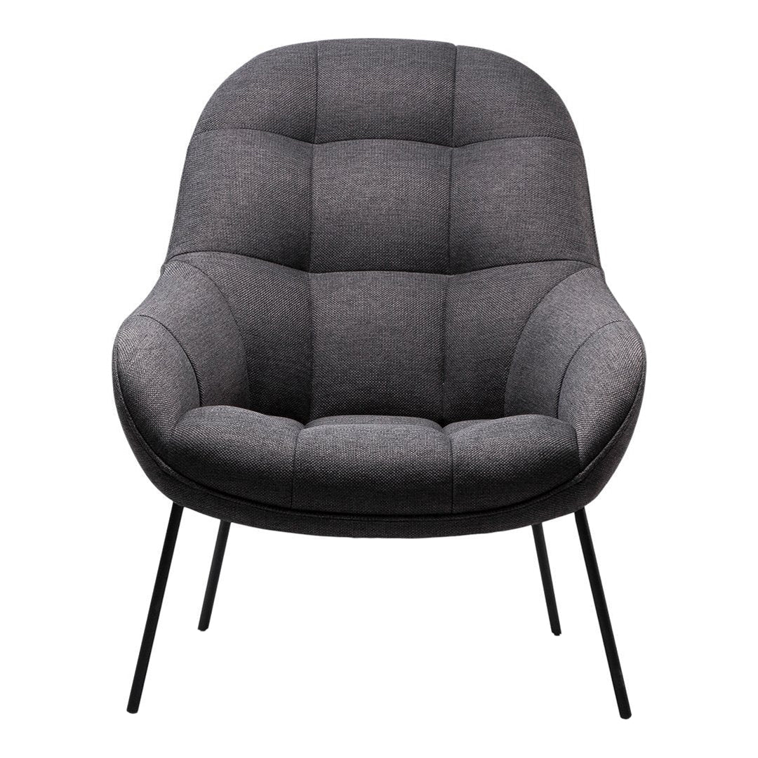Gray upholstered chair with a tufted pattern and sleek black metal legs, perfect for modern decor.