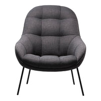 Gray upholstered chair with a tufted pattern and sleek black metal legs, perfect for modern decor.