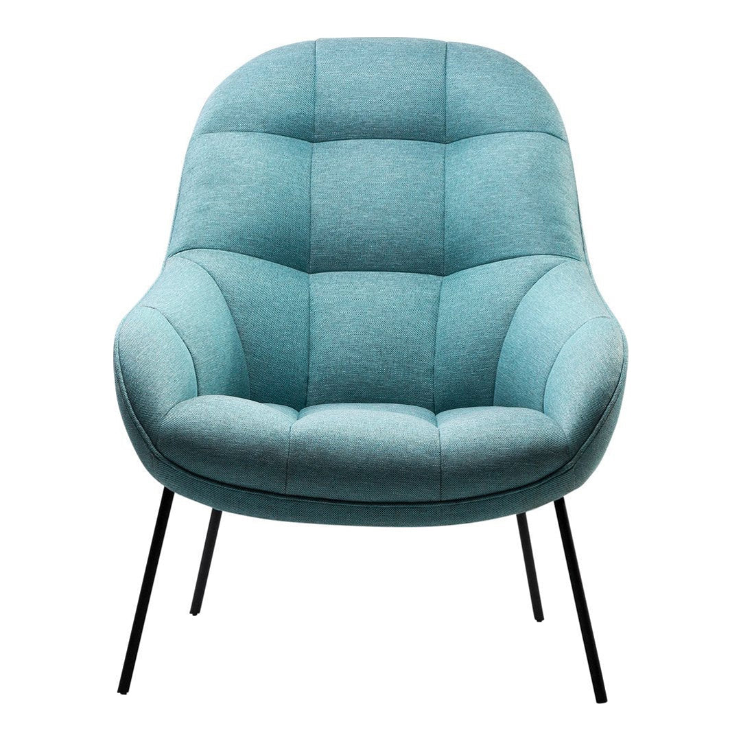 Light blue tufted upholstered chair with sleek black metal legs, featuring a modern, minimalist design.