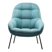 Light blue tufted upholstered chair with sleek black metal legs, featuring a modern, minimalist design.