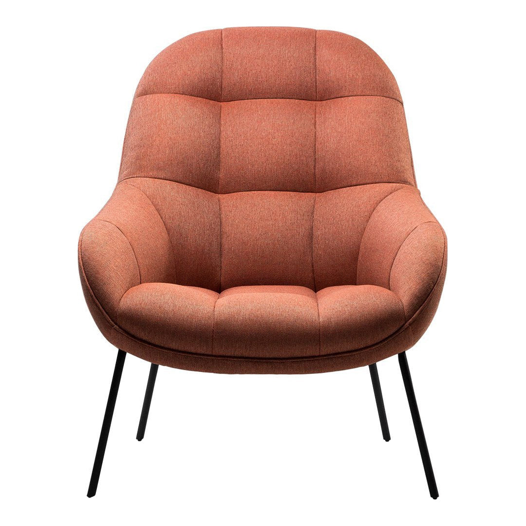 "Modern orange upholstered chair with quilted pattern and sleek black legs."
