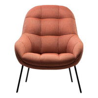 "Modern orange upholstered chair with quilted pattern and sleek black legs."