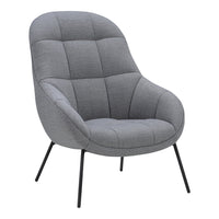 Gray tufted chair with a modern design and sleek black metal legs. Soft, textured fabric offers comfort and style.