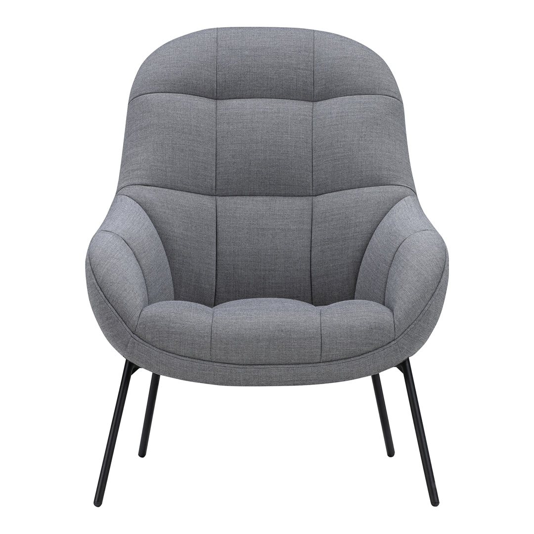 Stylish gray upholstered chair with tufted pattern and sleek black metal legs. Perfect for modern interiors.