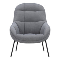 Stylish gray upholstered chair with tufted pattern and sleek black metal legs. Perfect for modern interiors.