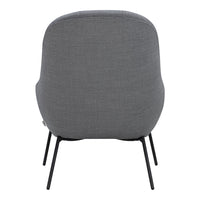 Gray upholstered chair with a smooth texture and sleek black metal legs. Minimalist design for modern interiors.