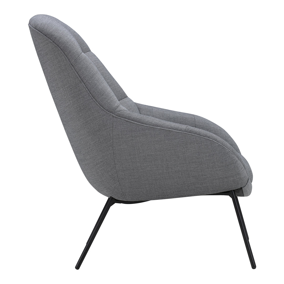 Gray upholstered chair with a smooth texture and minimalist design, featuring black metal legs.