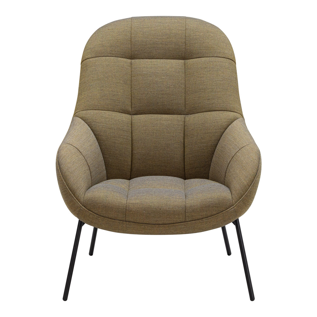 Tan upholstered chair with a textured pattern and sleek black legs. Modern design perfect for any space.
