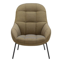 Tan upholstered chair with a textured pattern and sleek black legs. Modern design perfect for any space.