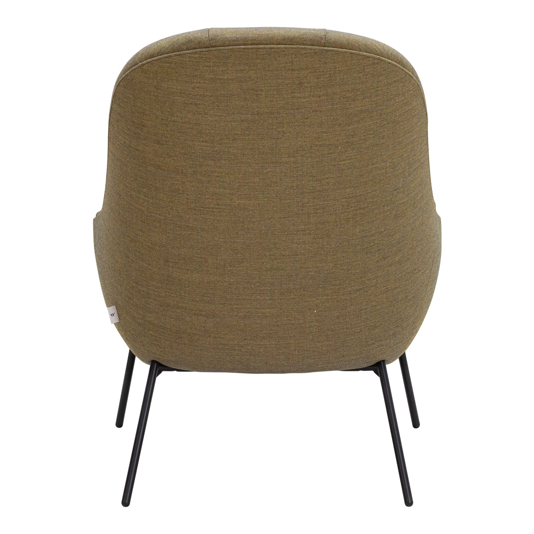 Olive green upholstered chair with a textured pattern and sleek black metal legs. Ideal for modern decor.